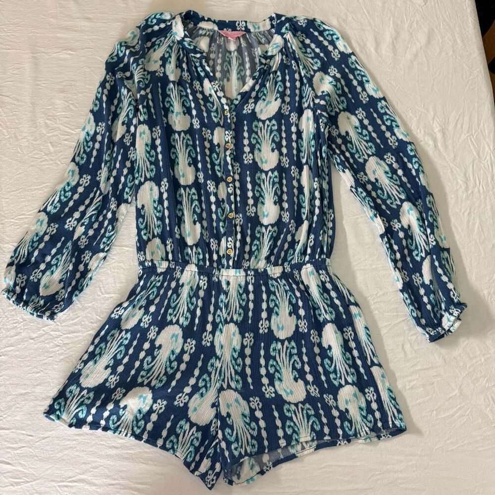 Lilly Pulitzer | Jellyfish Octopus Print Romper | Blue White | Long Sleeve | Siz